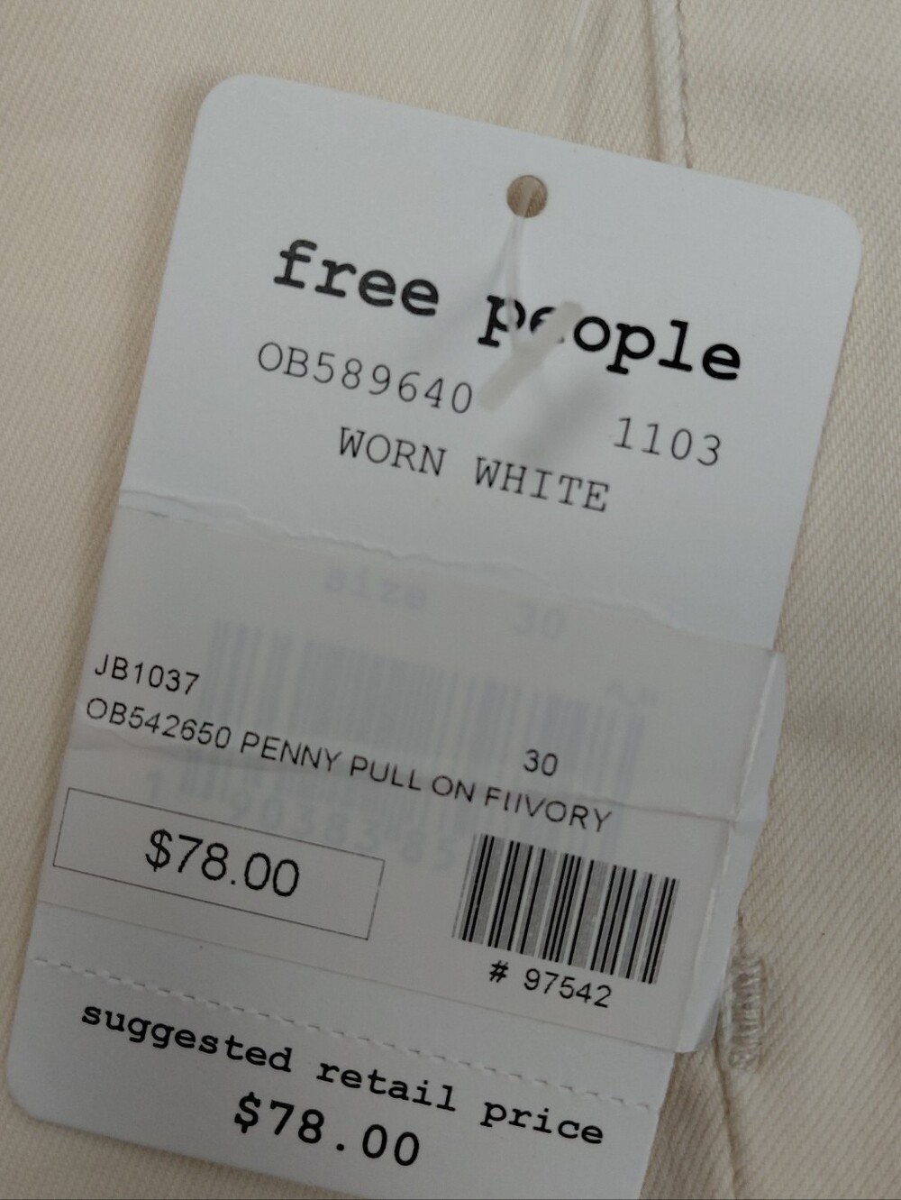 Free People Penny Pull On Bell Bottom Flare Pants Worn White NWT Size 30 - Picture 6 of 10